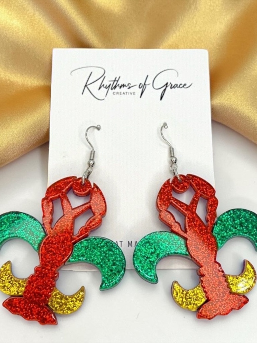 Fleur de Lis Crawfish Earrings Mardi Gras Louisiana Cajun Acrylic Dangle NWT